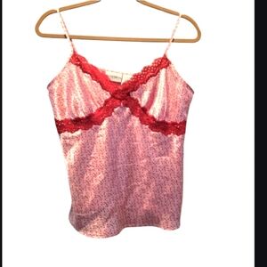 Vintage Y2K Top M Satin Hearts Camisole Lingerie Lace Sleeveless Red Pink Bias